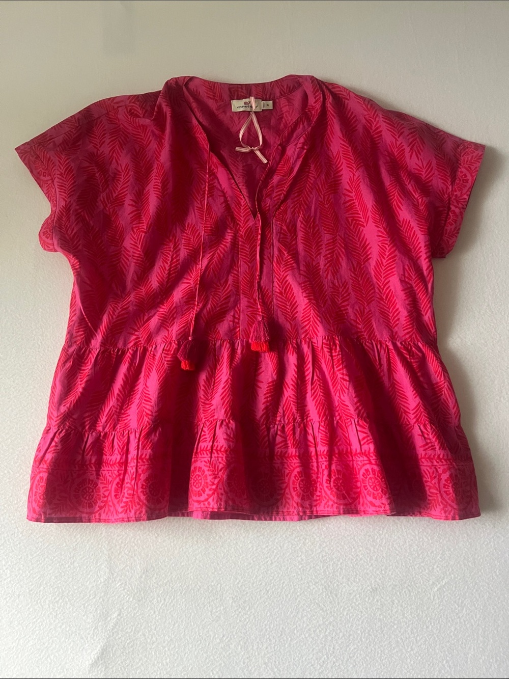 Vineyard Vines Hot Pink Leaf Print Peplum Tunic